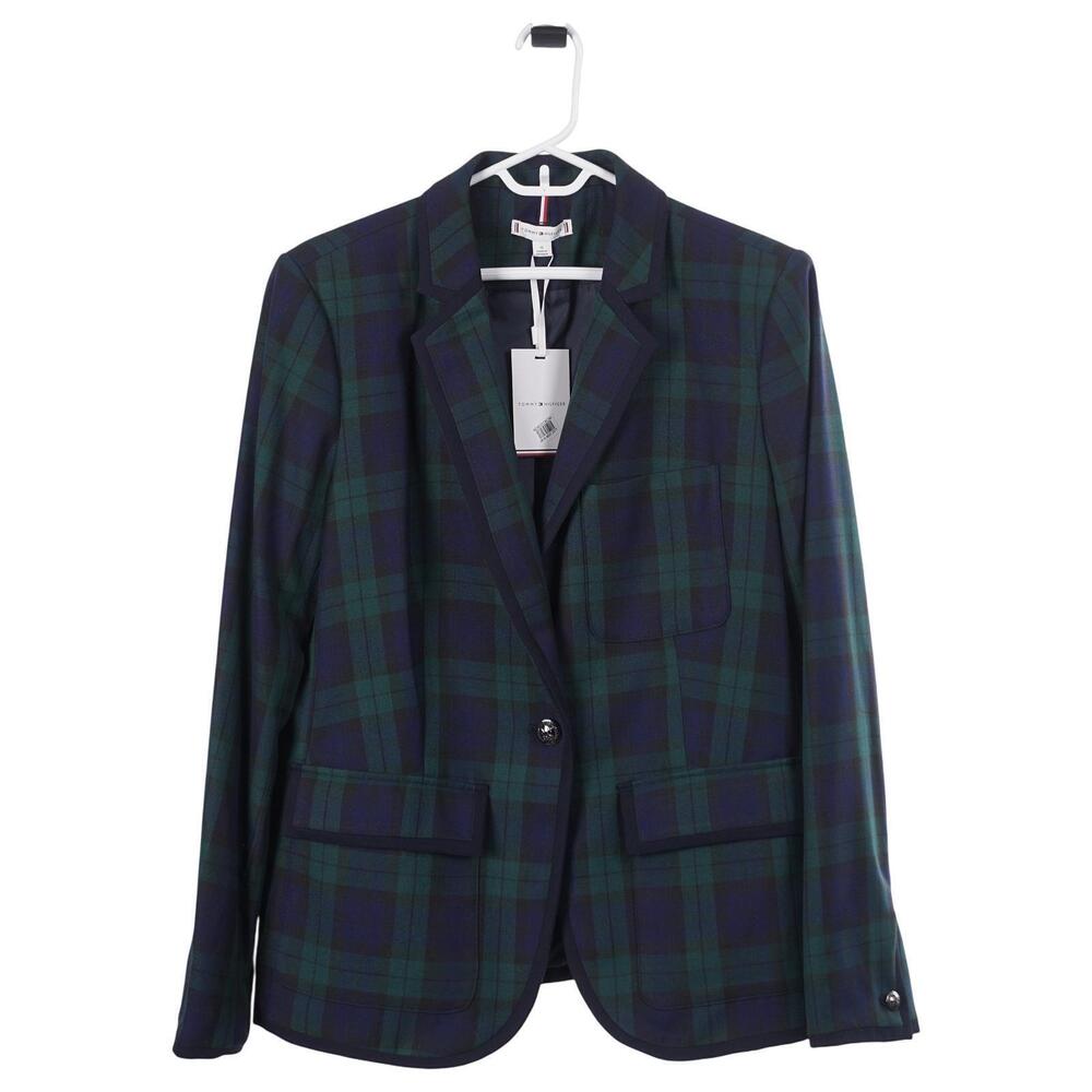 NWT Tommy Hilfiger Blazer 16 Blue Green Plaid 1-Button Pockets Lined Jacket